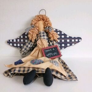 Primitive Country Angel Doll Farmhouse Shelf Sitter 21" Blue Gingham Folk Art